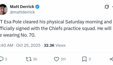 [Derrick] OT Esa Pole cleared his physical Saturday morning and officially signed with the Chiefs practice squad. He will be wearing No. 70.