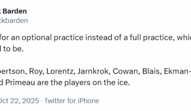 [Barden] Leafs opt for an optional practice instead of a full practice, which it was scheduled to be. Domi, Robertson, Roy, Lorentz, Jarnkrok, Cowan, Blais, Ekman-Larsson, Myers, and Primeau are the players on the ice.