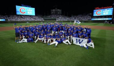 Advancing to the NLDS (with the packed bleachers in the background)