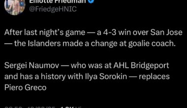 [Friedman] After last night’s game, the Islanders made a change at goalie coach. Sergei Naumov — who was at AHL Bridgeport and has a history with Ilya Sorokin — replaces Piero Greco