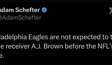 [Schefter] The Philadelphia Eagles are not expected to trade star wide receiver A.J. Brown before the NFL's Nov. 4 deadline.