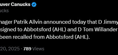 [Canucks] General Manager Patrik Allvin announced today that D Jimmy Schuldt has been assigned to Abbotsford (AHL) and D Tom Willander and F Nils Åman have been recalled from Abbotsford (AHL).