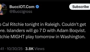 [Buccigross] Ritchie not playing tonight, couldn’t get to Raleigh. Might play tomorrow in DC