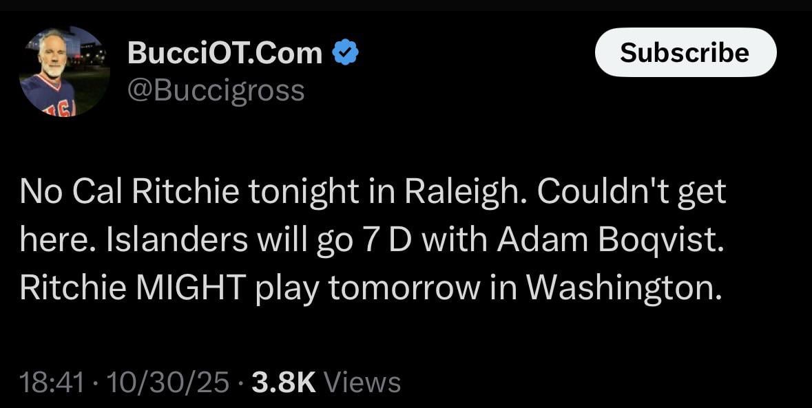 [Buccigross] Ritchie not playing tonight, couldn’t get to Raleigh. Might play tomorrow in DC