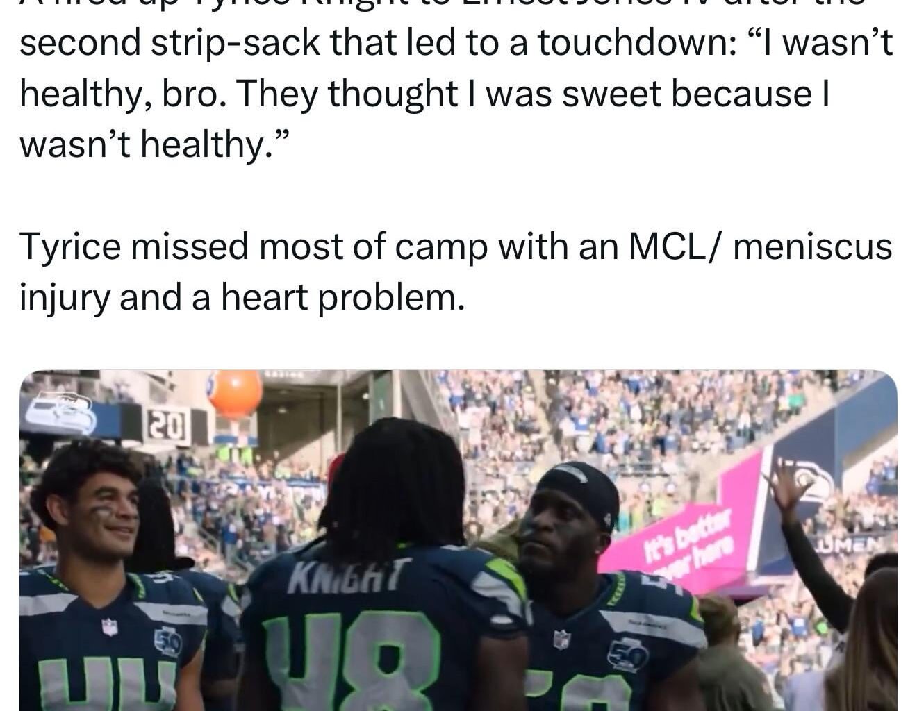 [Dugar] A fired up Tyrice Knight to Ernest Jones IV after the second strip-sack that led to a touchdown: “I wasn’t healthy, bro. They thought I was sweet because I wasn’t healthy.” Tyrice missed most of camp with an MCL/ meniscus injury and a heart problem.