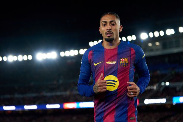 Raphinha of FC Barcelona looks on during the LaLiga EA Sports match between FC Barcelona and Athletic Club at Spotify Camp Nou on November 22, 2025 in Barcelona, Spain. 