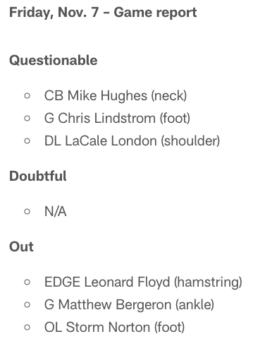 Injury Report vs the Colts