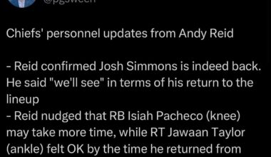 [Sweeney] Reid confirmed Josh Simmons is indeed back. He said "we'll see" in terms of his return to the lineup