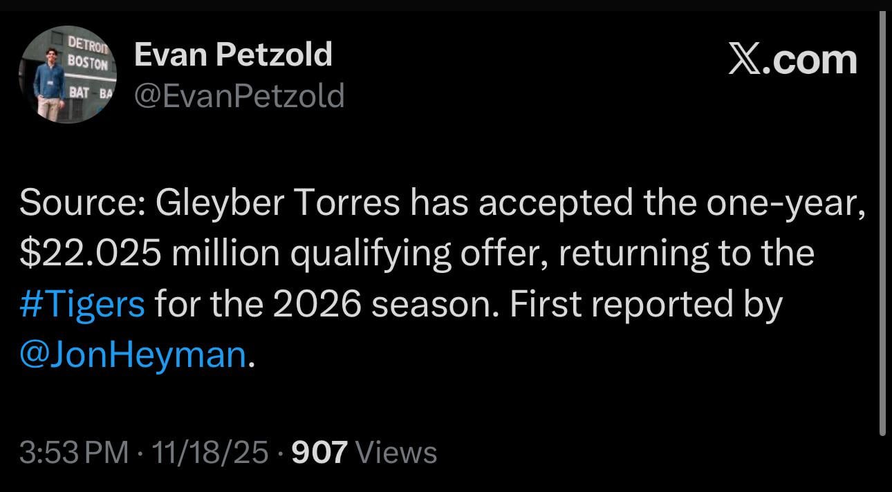 Gleyber Torres has accepted the one-year, $22.025 million qualifying offer, returning to the Tigers for the 2026 season.