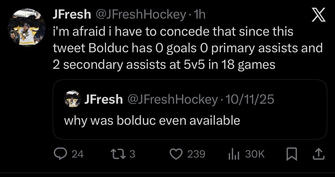 Bolduc has 0 goals, 0 primary assists, and 2 secondary assists at 5v5 in his last 18 games.