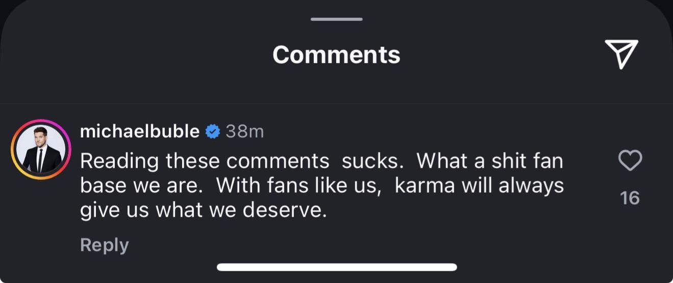 Michael Bubles comment under @canucksarmydotcom latest Instagram post