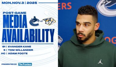 Evander Kane, Tom Willander & Adam Foote Post-Game Media | Canucks at Predators (Nov 3, 2025)