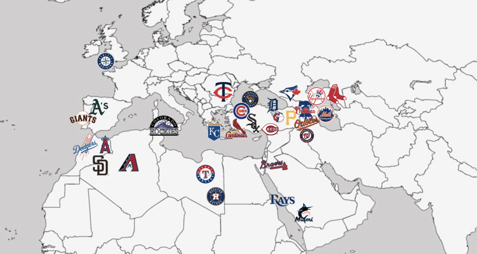 The location of Major League Baseball teams placed on the same latitude but in Europe, Middle East, and Africa