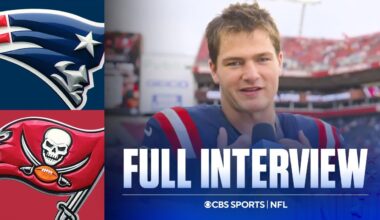 Drake Maye gives TreVeyon Henderson his flowers after the Patriots convincing win vs the Buccaneers