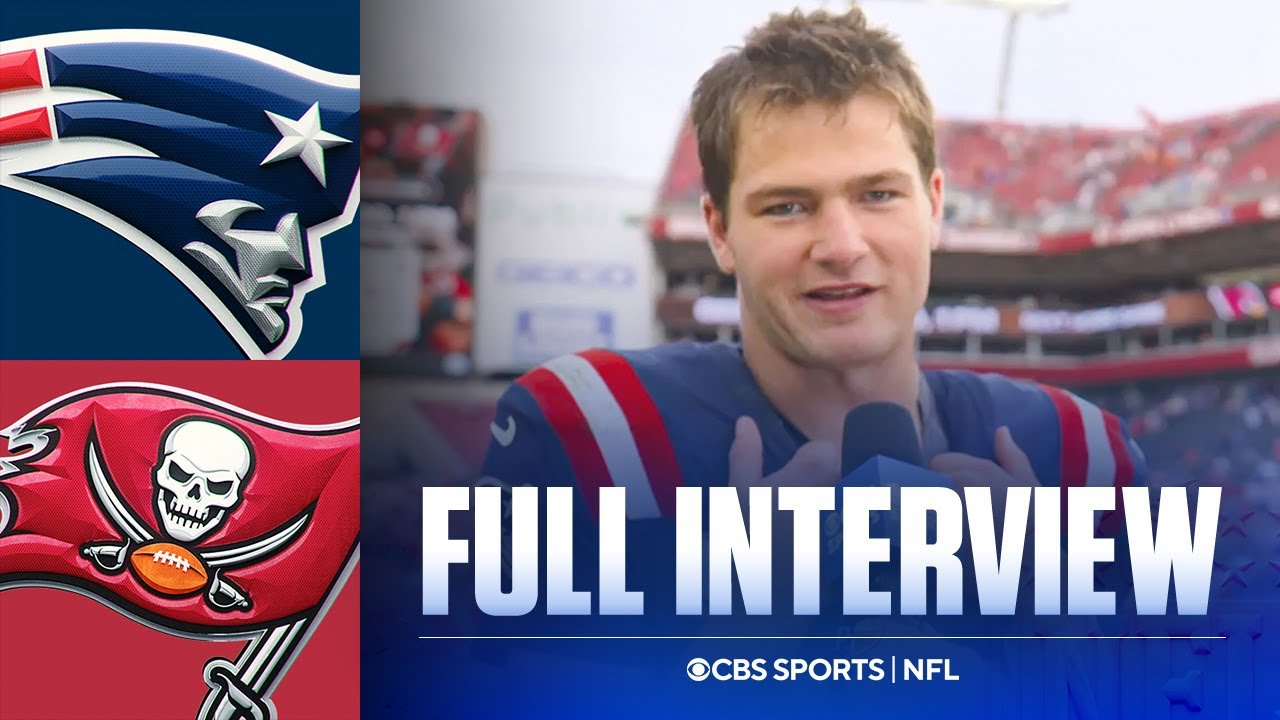 Drake Maye gives TreVeyon Henderson his flowers after the Patriots convincing win vs the Buccaneers