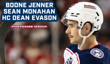 Boone Jenner, Sean Monahan & Head Coach Dean Evason, Blue Jackets @ Oilers | Postgame Media