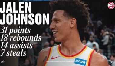 Jalen Johnson ONLY player in NBA HISTORY with 31 pts, 18 reb, 14 ast, 7 stl in a game