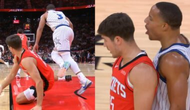 Reed Sheppard trips Desmond Bane for taunting after block and they have words