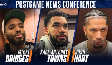 Mikal Bridges, Josh Hart, Karl-Anthony Towns, Miles McBride after Knicks-Magic