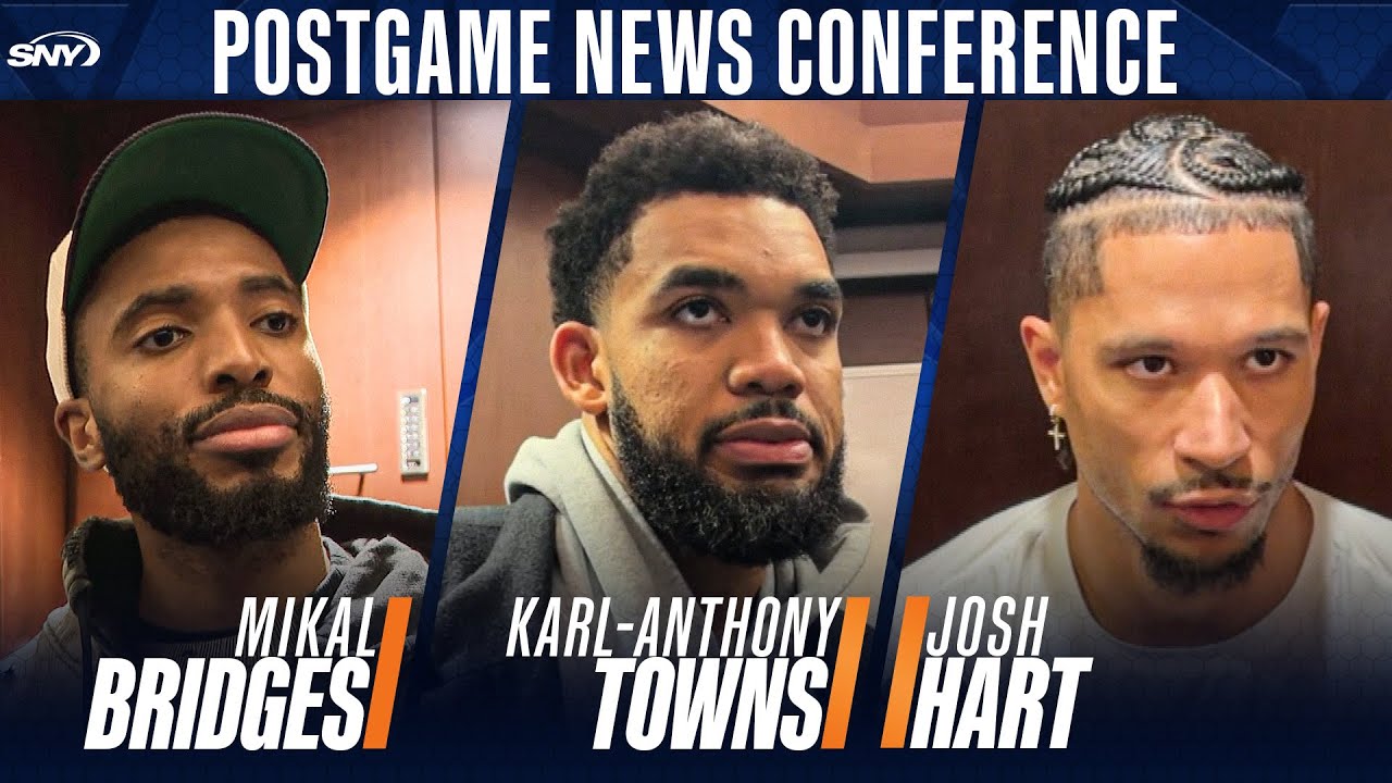 Mikal Bridges, Josh Hart, Karl-Anthony Towns, Miles McBride after Knicks-Magic