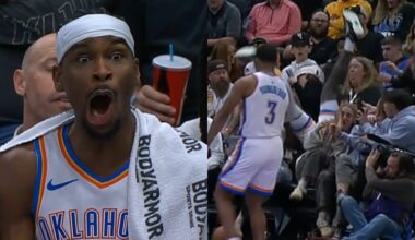 SGA's face as Jaylin Williams flipped over the front row of courtside fans 😂