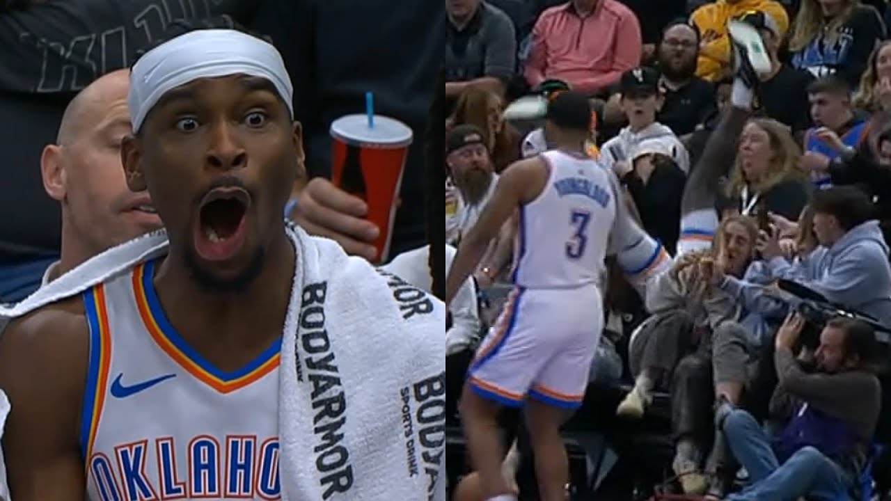 SGA's face as Jaylin Williams flipped over the front row of courtside fans 😂