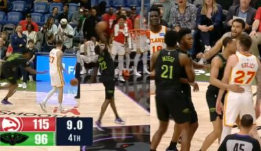 Derik Queen steal and dunk while Hawks try to dribble game out has them heated