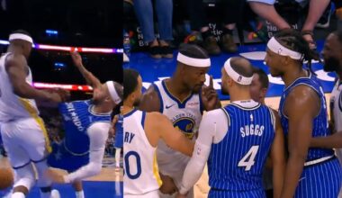 Jimmy Butler gets into it with Jalen Suggs and WCJ after throwing Suggs to ground