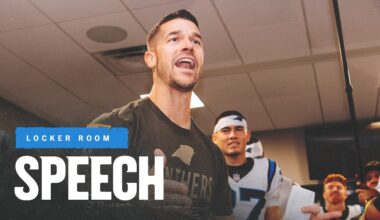 Dave Canales fires up the team after an EPIC OT win against the Falcons | Carolina Panthers