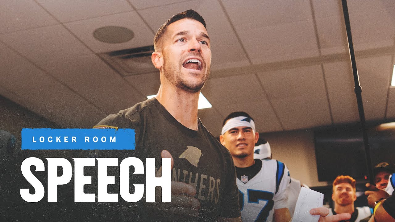 Dave Canales fires up the team after an EPIC OT win against the Falcons | Carolina Panthers