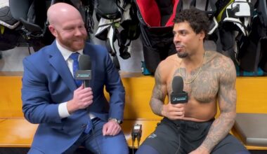 Ryan Reaves Reacts to Celebrini's Hat Trick against Utah