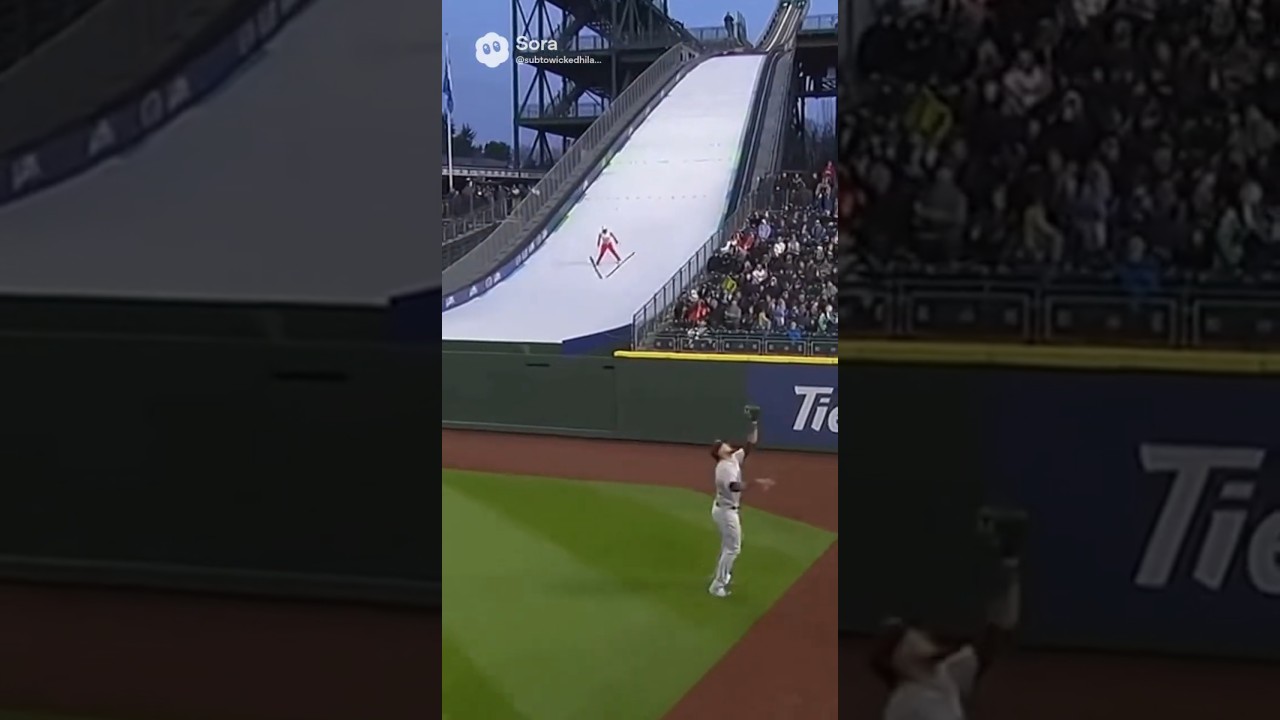 Outfielder Tracks Pop Fly… Ski Jumper Lands Behind Him 😱