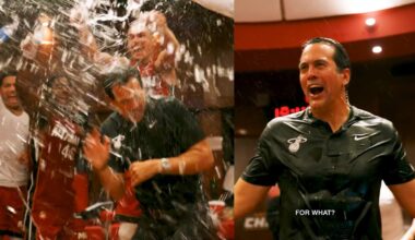 "For what?!" Coach Spo had no idea water was getting dumped on him for 800th win 😂