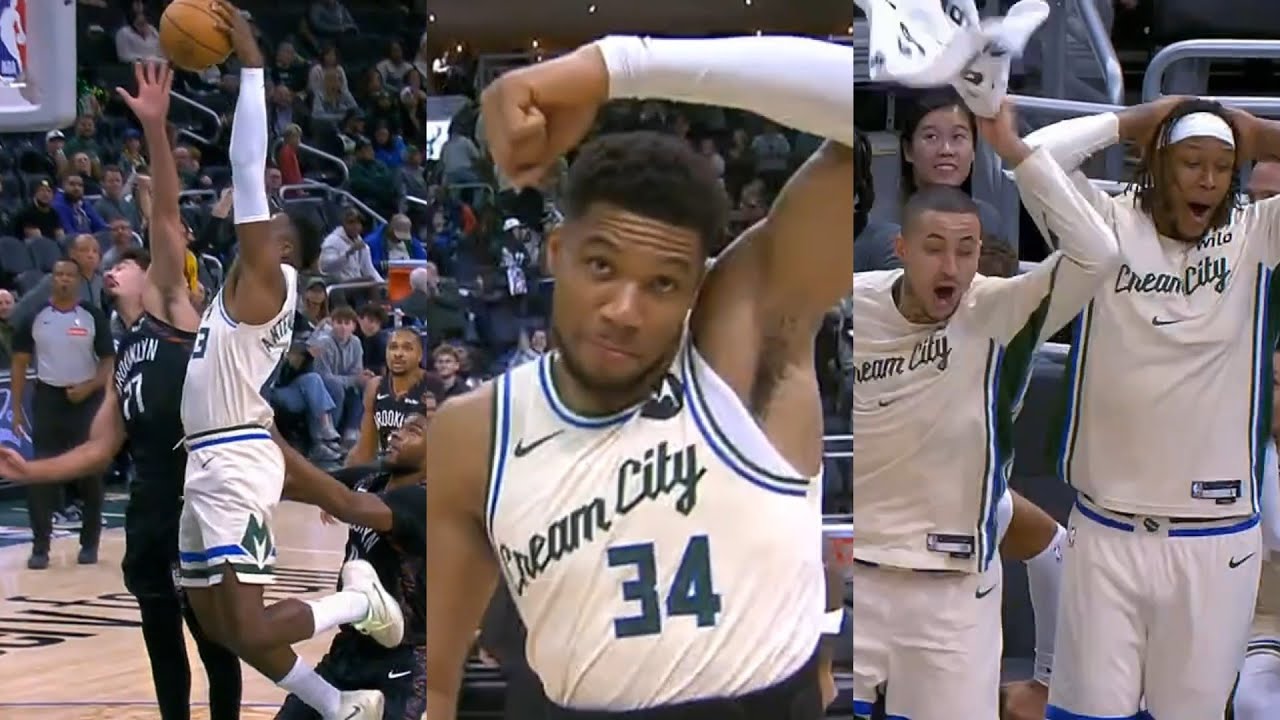 Thanasis poster dunk has Giannis and Bucks bench going crazy vs Nets 😂