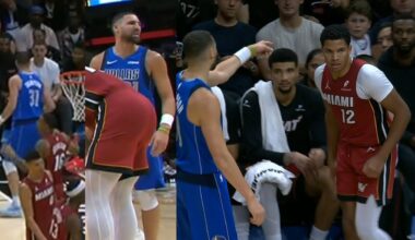 Klay Thompson has words for Heat bench then gets tech for pointing at them after 3 👀