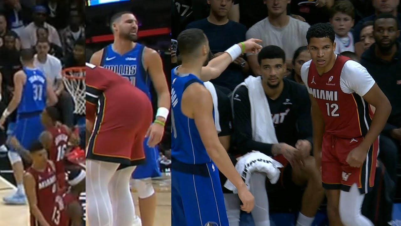 Klay Thompson has words for Heat bench then gets tech for pointing at them after 3 👀