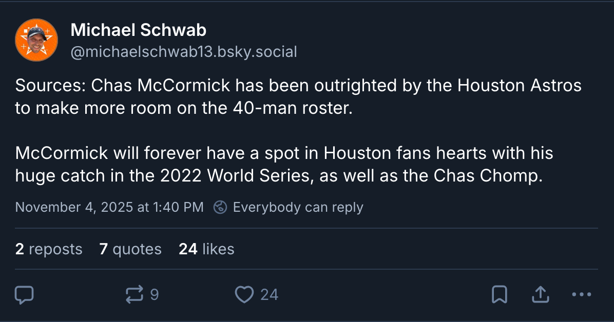 [Schwab] Sources: Chas McCormick has been outrighted by the Houston Astros to make more room on the 40-man roster. 

McCormick will forever have a spot in Houston fans hearts with his huge catch in the 2022 World Series, as well as the Chas Chomp.