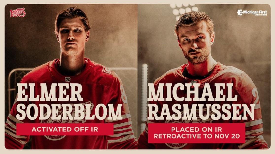 UPDATE: The #RedWings have activated Elmer Soderblom from IR & placed Michael Rasmussen on IR retroactive to November 20.