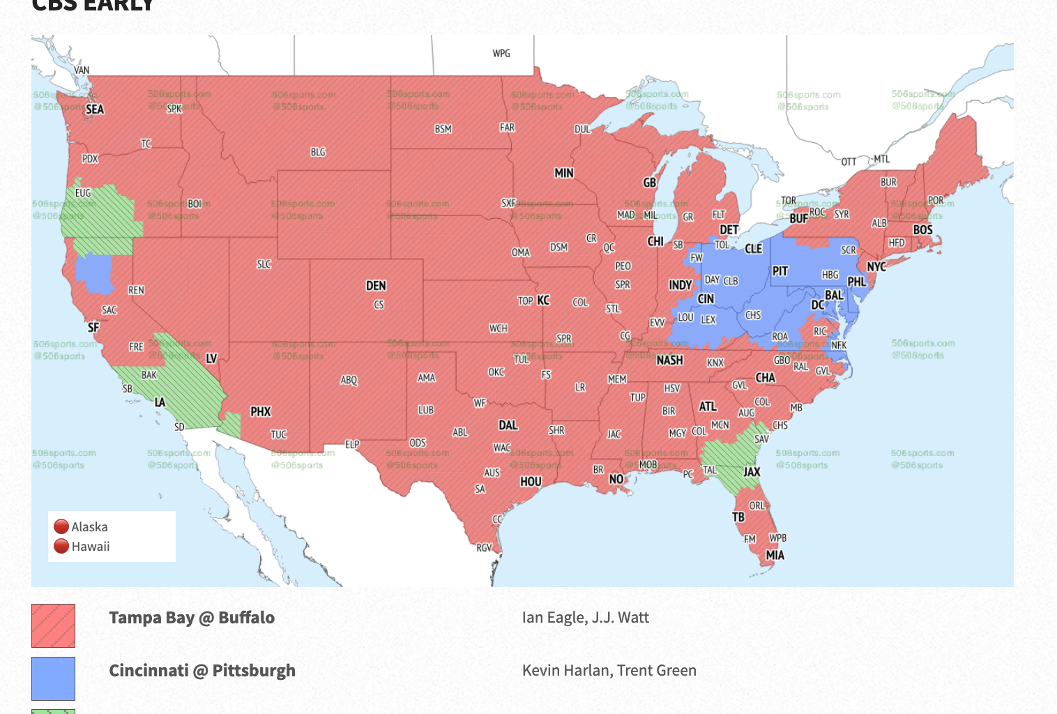 Coverage map for Sunday (Jags-Chargers in green)