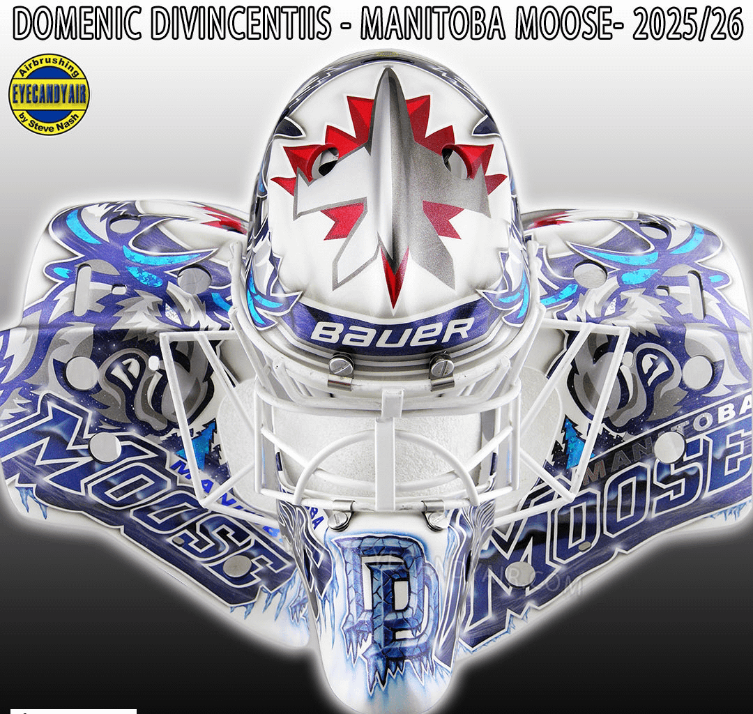 Photo set of Domenic DiVincentiis @ManitobaMoose mask for the 2025/26 season