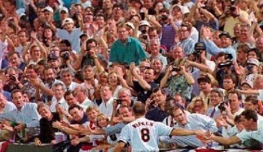 Cal Ripken Jr. circles the field at Camden Yards after breaking Lou Gehrig's consecutive games streak on September 6, 1995 (Game 2,131). The spontaneous tribute pause lasted over 22 minutes.