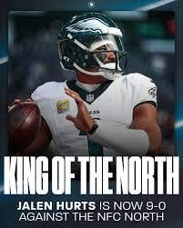 Jalen Hurts is 9-0 against the NFC North in his career.