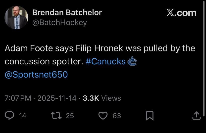 Hronek was pulled by a concussion spotter