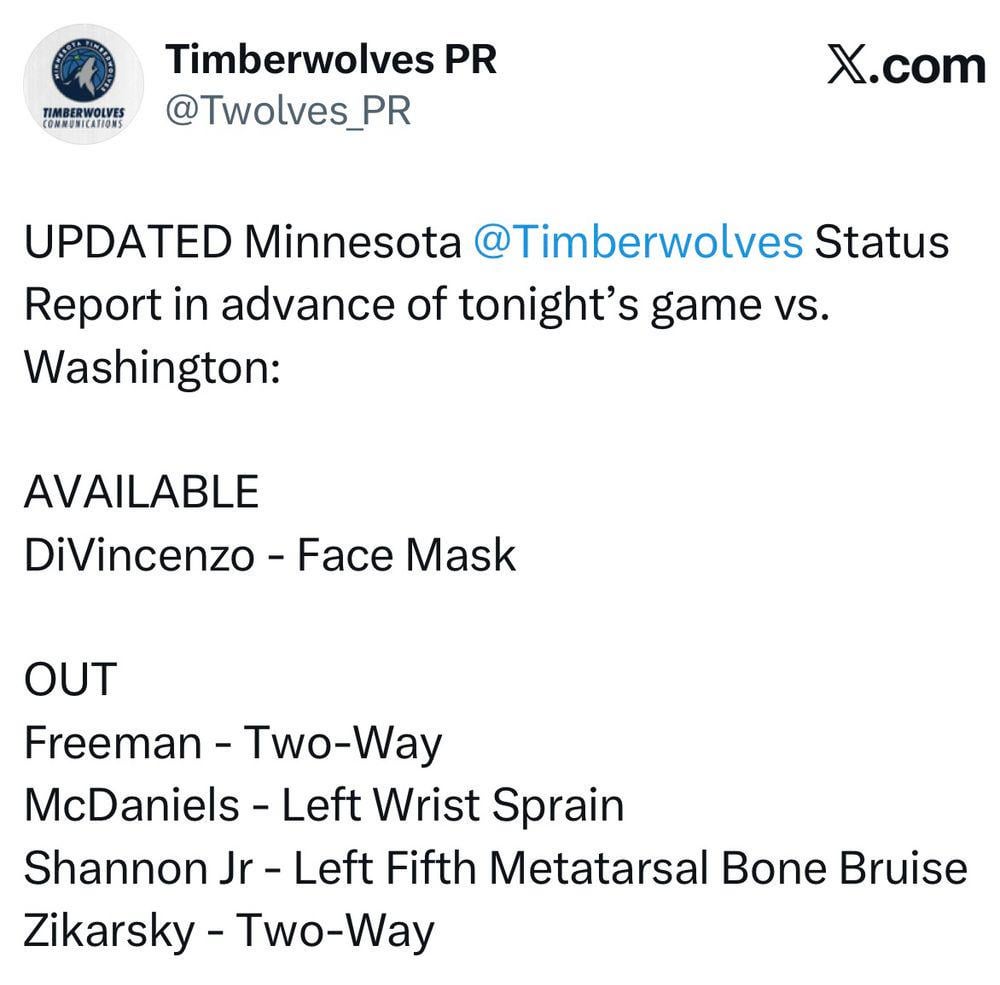 [Ryan Eichten] Jaden McDaniels is out tonight against the Wizards. It’s his first missed game since Dec. 2023