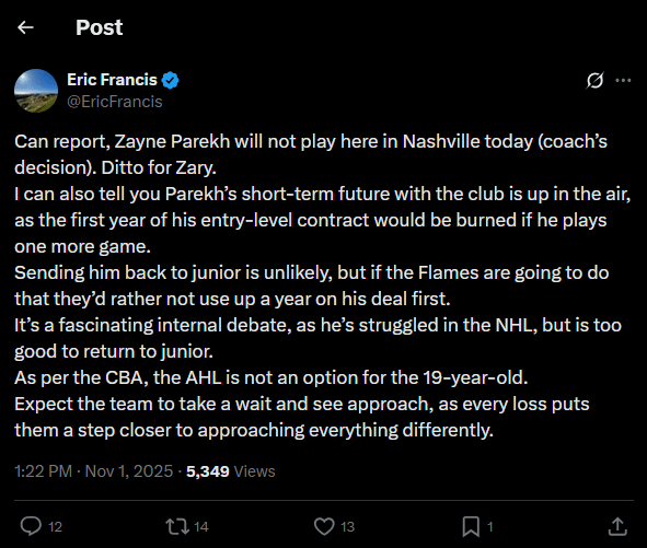 Zayne is healthy scratched today