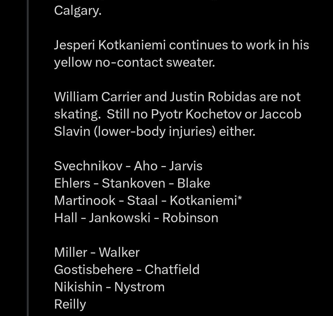 Staal returns to practice, but Carrier misses