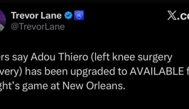[Lane] Lakers say Adou Thiero (left knee surgery recovery) has been upgraded to AVAILABLE for tonight’s game at New Orleans.