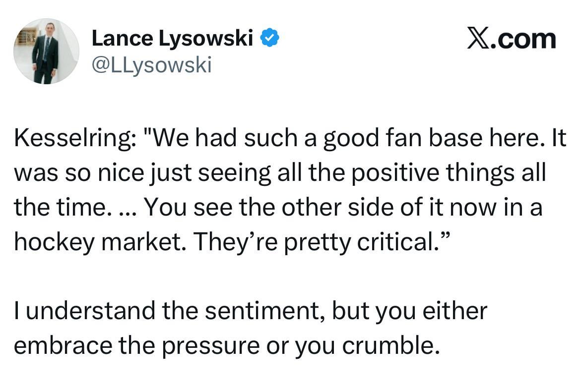 Kesselring: "We had such a good fan base here [Utah]. It was so nice just seeing all the positive things all the time. ... You see the other side of it now in a hockey market. They’re pretty critical.”