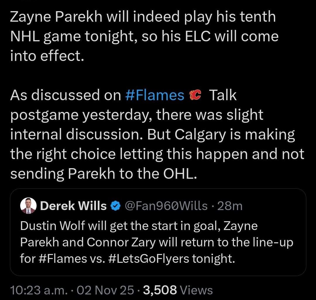Zayne Parekh will be playing tonight, meaning his ELC will come into effect