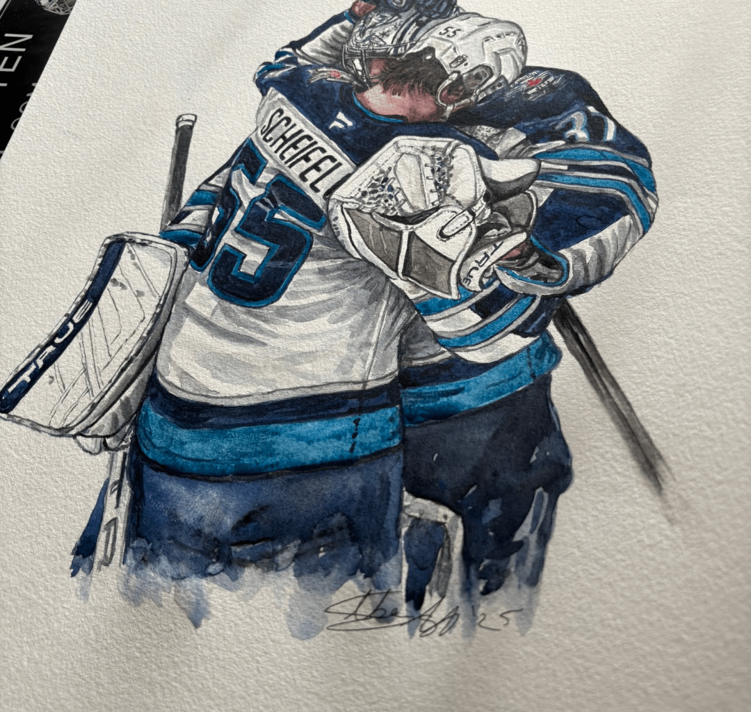 Painting of winnipeg jets, mark scheifele & connor hellebuyck’s hug after an emotional game 6 loss.
